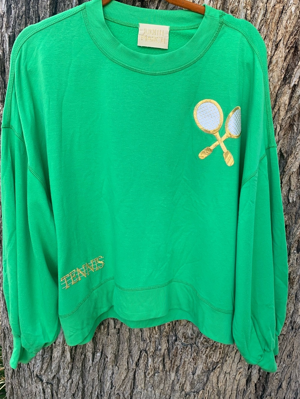 Judith March Green Sweatshirt with Gold Tennis Racket Embroidery